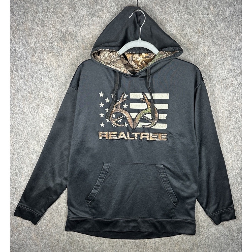 Realtree Hoodie Mens L Black Camo American Flag Antler Hunting Pullover